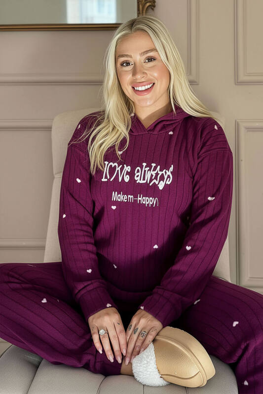 Mürdüm Always Desenli Kapşonlu Peluş Polar Pijama Takımı - Pijamaevi