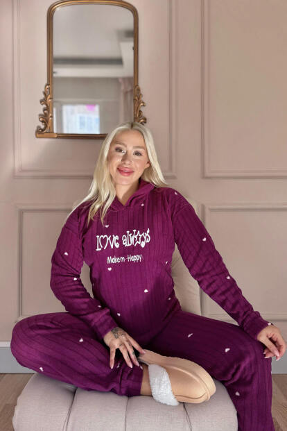 Mürdüm Always Desenli Kapşonlu Peluş Polar Pijama Takımı - 2
