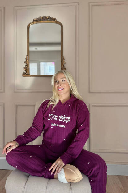Mürdüm Always Desenli Kapşonlu Peluş Polar Pijama Takımı - 3