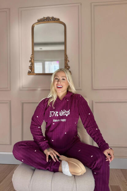 Mürdüm Always Desenli Kapşonlu Peluş Polar Pijama Takımı - 4
