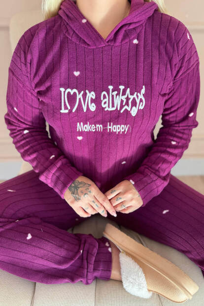 Mürdüm Always Desenli Kapşonlu Peluş Polar Pijama Takımı - 5