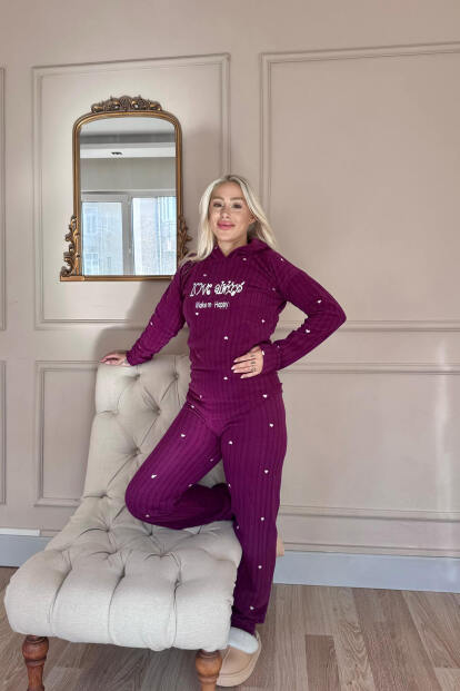 Mürdüm Always Desenli Kapşonlu Peluş Polar Pijama Takımı - 6
