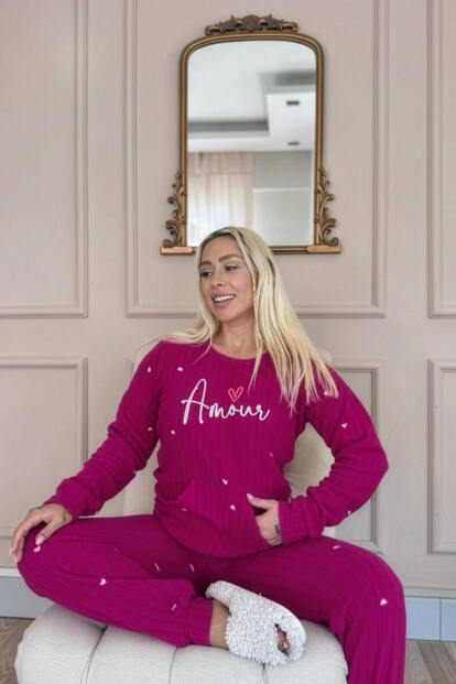 Mürdüm Amour Desenli Kanguru Cepli Peluş Polar Pijama Takımı - 2