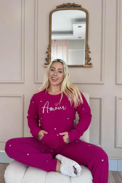 Mürdüm Amour Desenli Kanguru Cepli Peluş Polar Pijama Takımı - 3