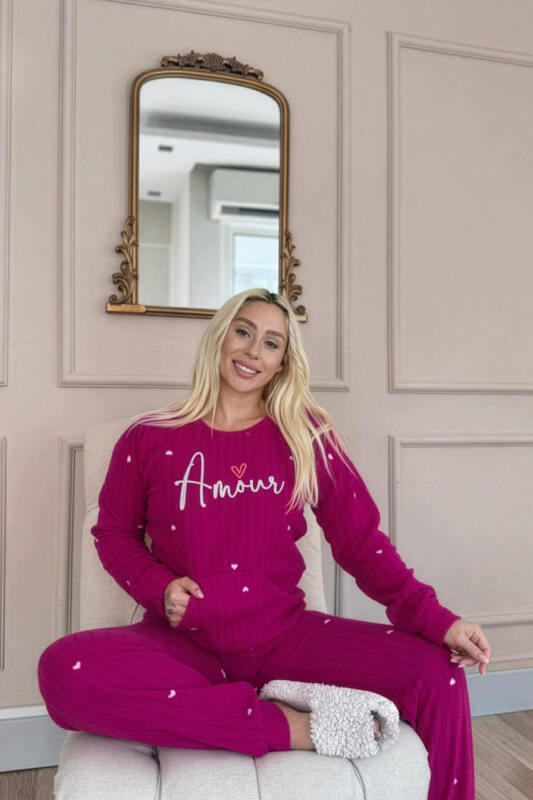 Mürdüm Amour Desenli Kanguru Cepli Peluş Polar Pijama Takımı - Pijamaevi (3)