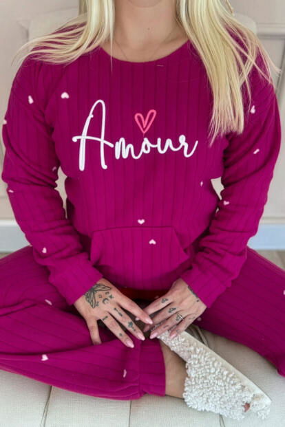 Mürdüm Amour Desenli Kanguru Cepli Peluş Polar Pijama Takımı - 5