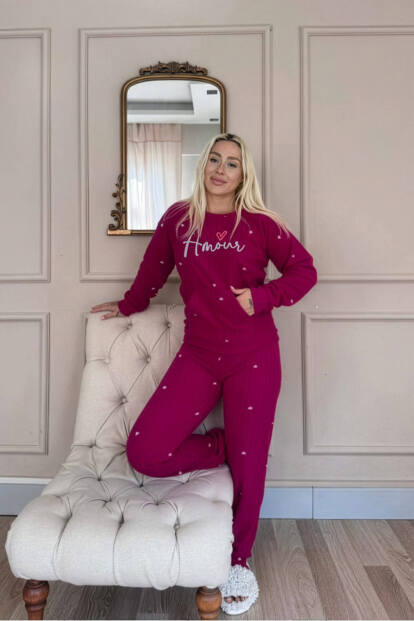 Mürdüm Amour Desenli Kanguru Cepli Peluş Polar Pijama Takımı - 6