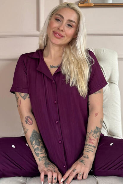 Mürdüm Amour Desenli Önden Düğmeli Marlenka Pijama Takımı - 1