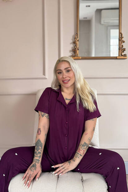 Mürdüm Amour Desenli Önden Düğmeli Marlenka Pijama Takımı - 2