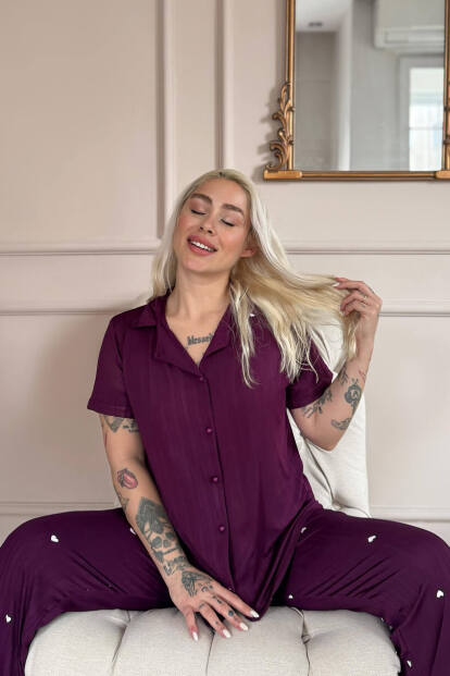 Mürdüm Amour Desenli Önden Düğmeli Marlenka Pijama Takımı - 3