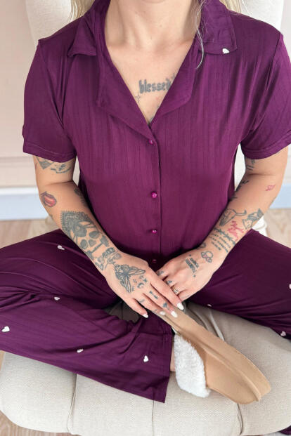 Mürdüm Amour Desenli Önden Düğmeli Marlenka Pijama Takımı - 4