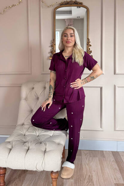 Mürdüm Amour Desenli Önden Düğmeli Marlenka Pijama Takımı - 5
