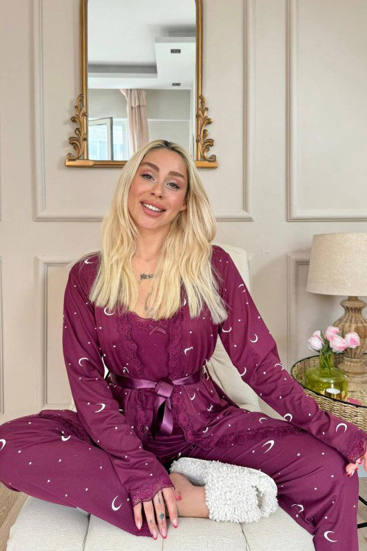 Mürdüm Ay Yıldız Desenli Bambu Sabahlıklı Kadın Pijama Seti - Pijamaevi (3)