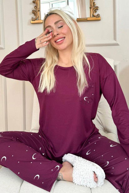 Mürdüm Ay Yıldız Desenli Bambu Uzun Kol Kadın Pijama Takımı 