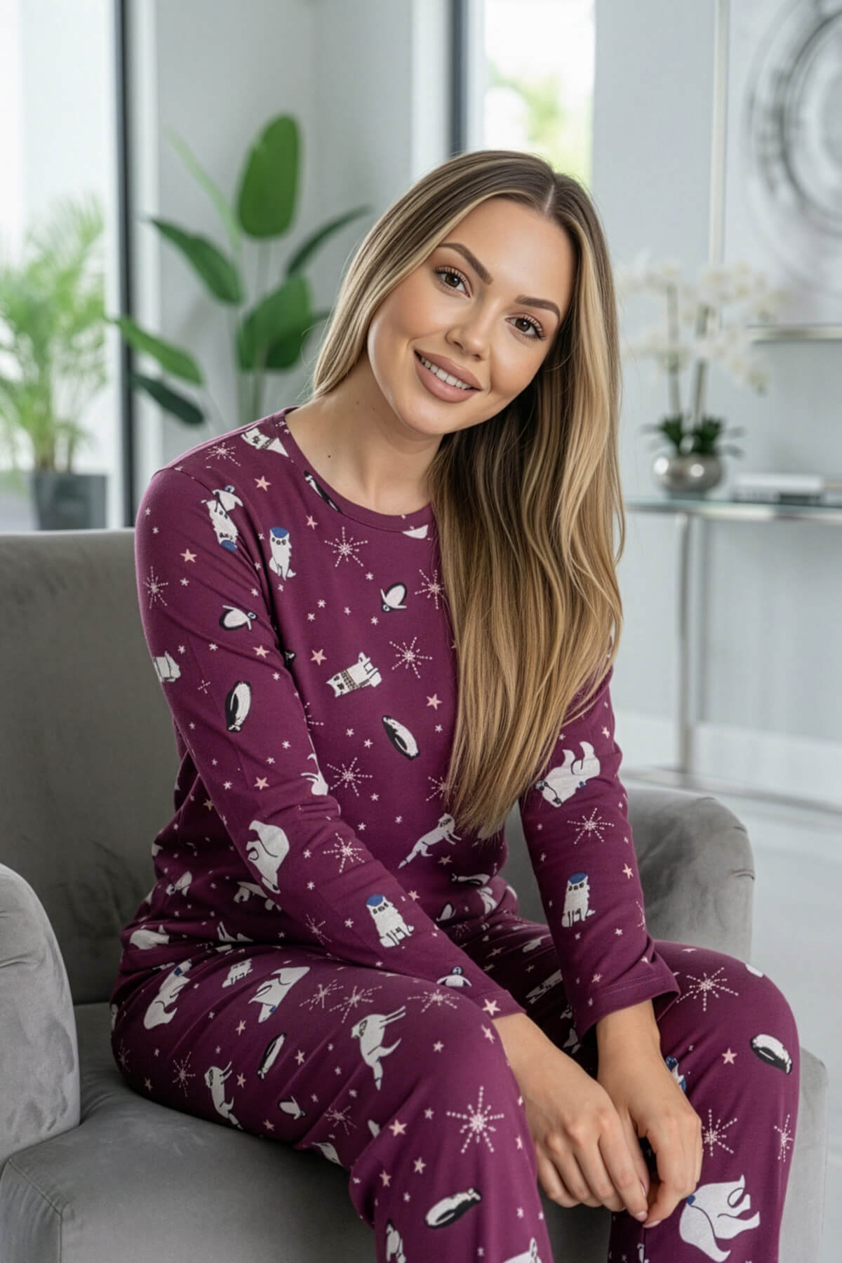 Mürdüm Bear Desenli Uzun Kollu Bambu Örme Kadın Pijama Takımı - Pijamaevi (1)