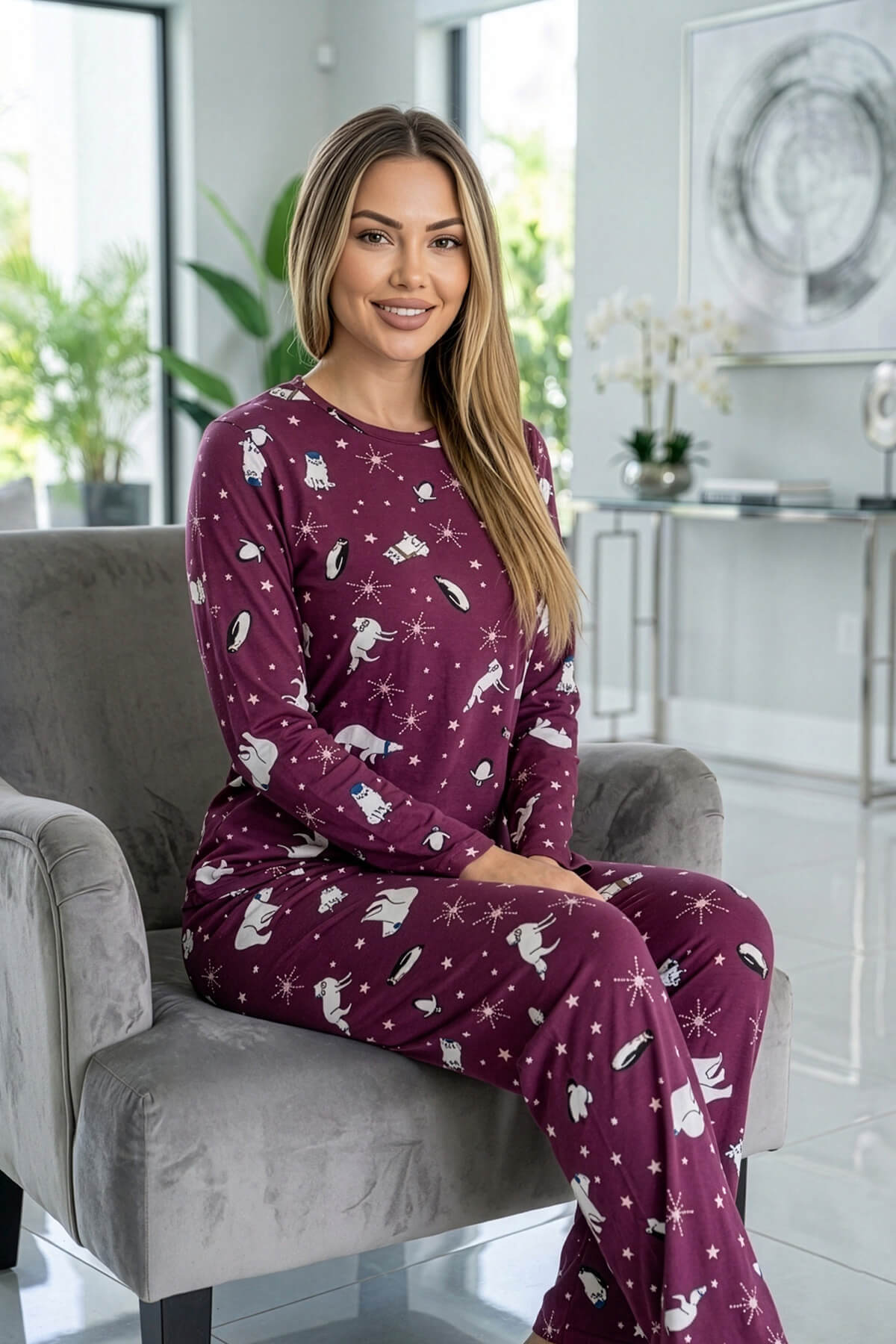 Mürdüm Bear Desenli Uzun Kollu Bambu Örme Kadın Pijama Takımı - Pijamaevi (3)