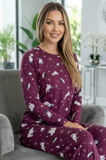 Mürdüm Bear Desenli Uzun Kollu Bambu Örme Kadın Pijama Takımı - 7