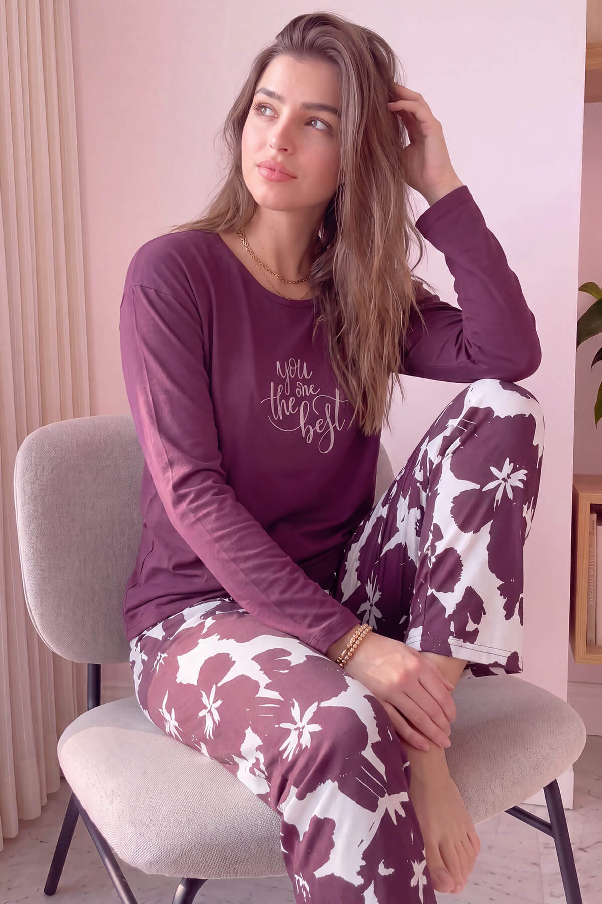 Mürdüm Best Desenli Bambu Uzun Kol Kadın Pijama Takımı - Pijamaevi