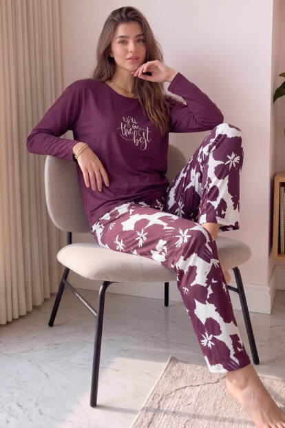 Mürdüm Best Desenli Bambu Uzun Kol Kadın Pijama Takımı - 4