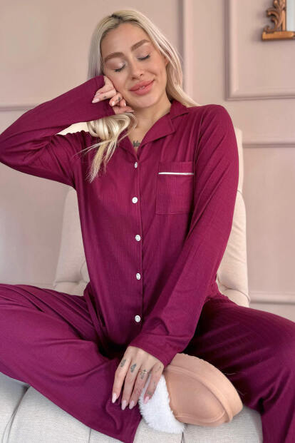 Mürdüm Dublin Önden Düğmeli Uzun Kollu Kadın Pijama Takımı - 7