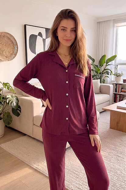 Mürdüm Dublin Önden Düğmeli Uzun Kollu Kadın Pijama Takımı - 6