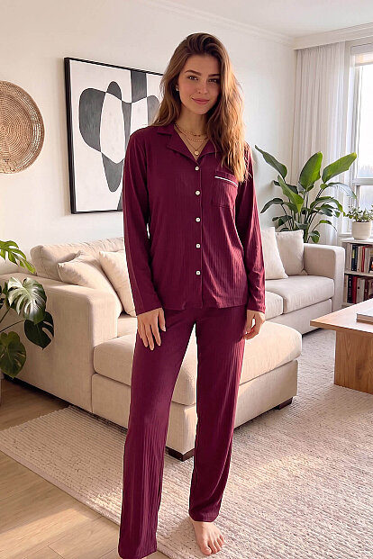 Mürdüm Dublin Önden Düğmeli Uzun Kollu Kadın Pijama Takımı - 7