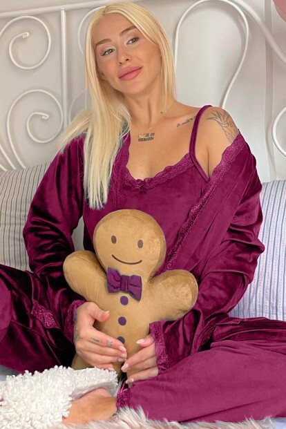 Mürdüm Garnet Exclusive Kadife Sabahlıklı Kadın Pijama Takımı  - 6