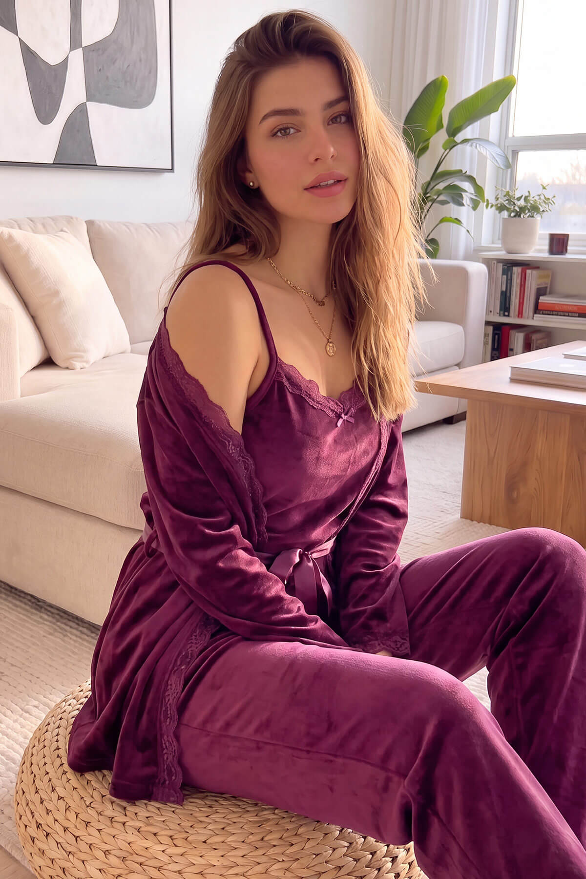 Mürdüm Garnet Exclusive Kadife Sabahlıklı Kadın Pijama Takımı  - Pijamaevi