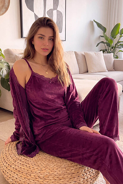 Mürdüm Garnet Exclusive Kadife Sabahlıklı Kadın Pijama Takımı  - 5