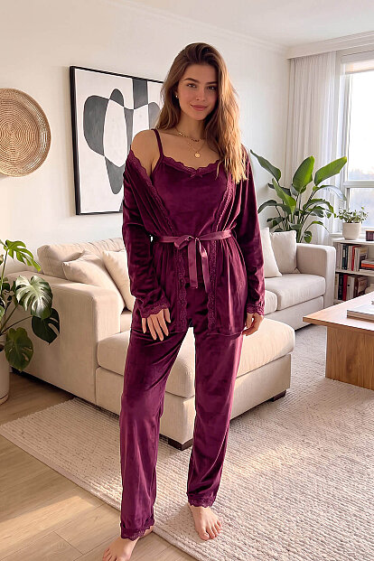 Mürdüm Garnet Exclusive Kadife Sabahlıklı Kadın Pijama Takımı  - 8