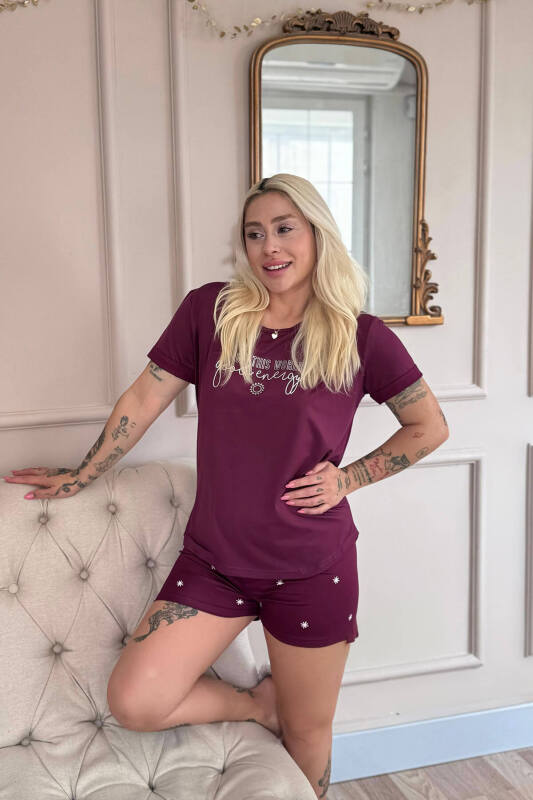 Mürdüm Good Energy Desenli Bambu Kısa Kol Kadın Şortlu Pijama Takımı - Pijamaevi (1)