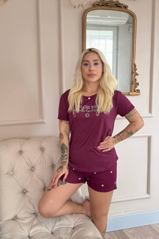 Mürdüm Good Energy Desenli Bambu Kısa Kol Kadın Şortlu Pijama Takımı - Pijamaevi (2)