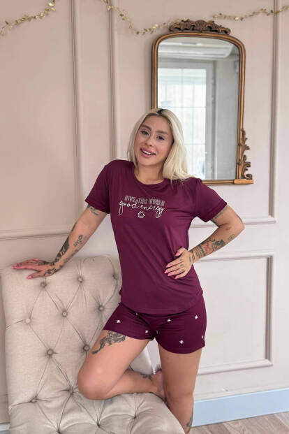 Mürdüm Good Energy Desenli Bambu Kısa Kol Kadın Şortlu Pijama Takımı - 4