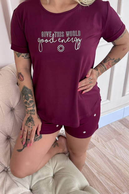 Mürdüm Good Energy Desenli Bambu Kısa Kol Kadın Şortlu Pijama Takımı - 5