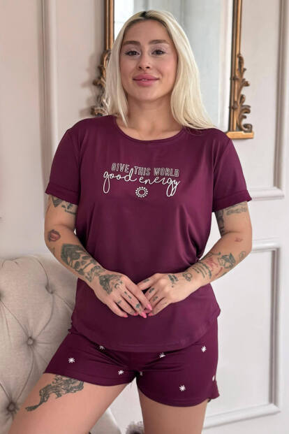 Mürdüm Good Energy Desenli Bambu Kısa Kol Kadın Şortlu Pijama Takımı - 6