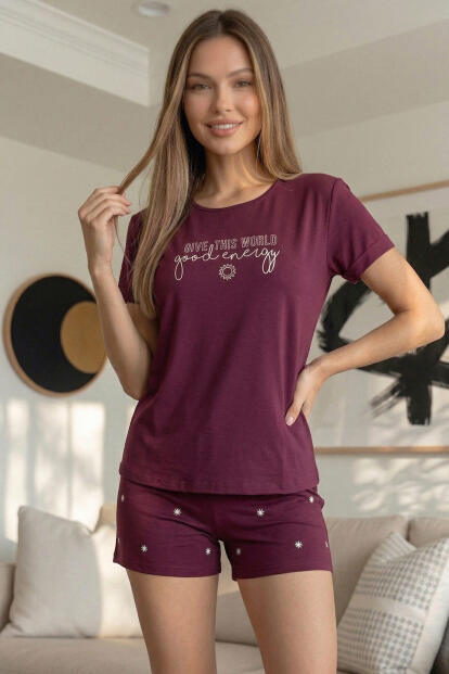 Mürdüm Good Energy Desenli Bambu Kısa Kol Kadın Şortlu Pijama Takımı - 3
