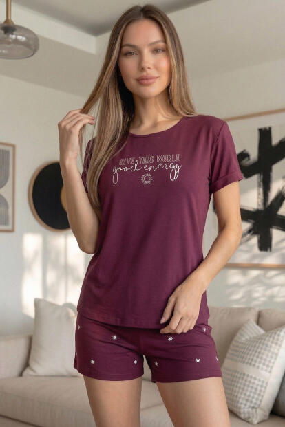 Mürdüm Good Energy Desenli Bambu Kısa Kol Kadın Şortlu Pijama Takımı - 4