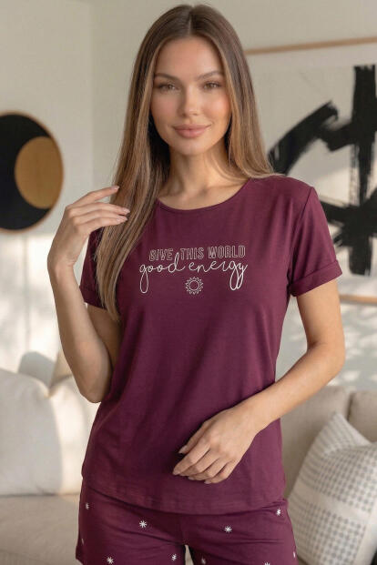 Mürdüm Good Energy Desenli Bambu Kısa Kol Kadın Şortlu Pijama Takımı - 6