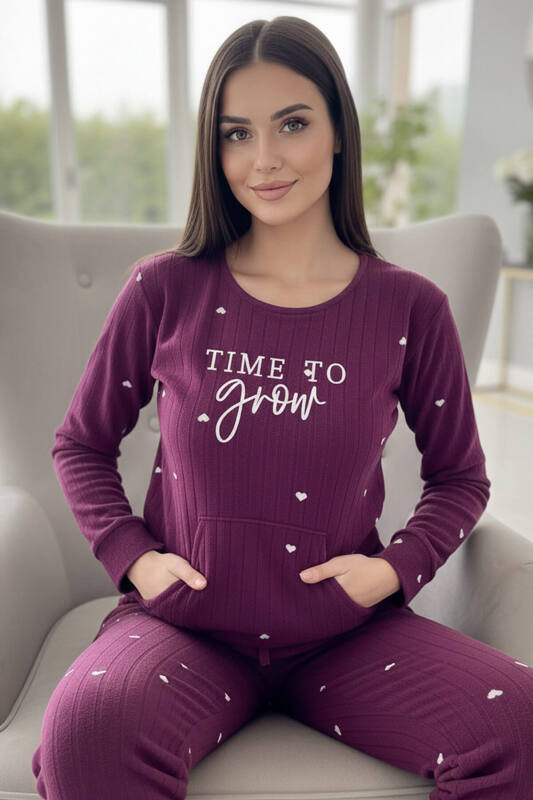 Mürdüm Grow Desenli Kanguru Cepli Peluş Polar Pijama Takımı - Pijamaevi