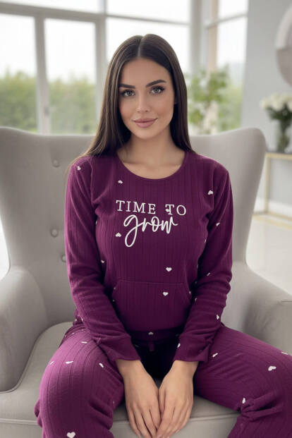 Mürdüm Grow Desenli Kanguru Cepli Peluş Polar Pijama Takımı - 2