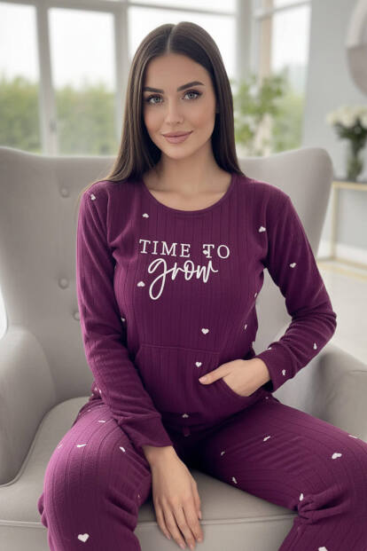 Mürdüm Grow Desenli Kanguru Cepli Peluş Polar Pijama Takımı - 5