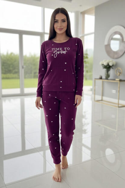 Mürdüm Grow Desenli Kanguru Cepli Peluş Polar Pijama Takımı - 6