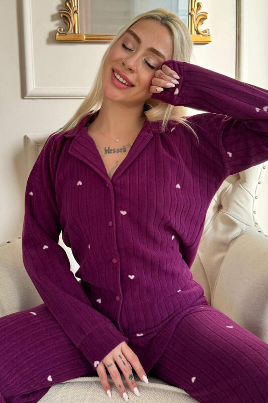 Mürdüm Jantung Desenli Önden Düğmeli Peluş Polar Pijama Takımı - Pijamaevi