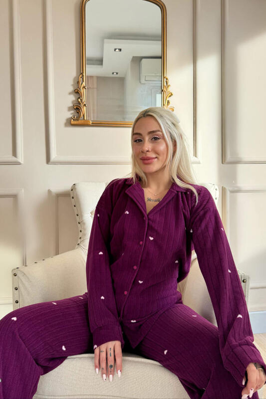 Mürdüm Jantung Desenli Önden Düğmeli Peluş Polar Pijama Takımı - Pijamaevi (1)
