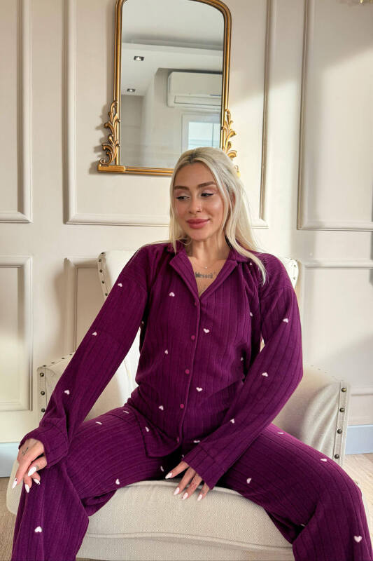Mürdüm Jantung Desenli Önden Düğmeli Peluş Polar Pijama Takımı - Pijamaevi (2)