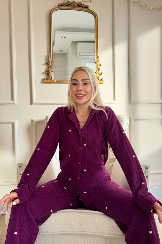 Mürdüm Jantung Desenli Önden Düğmeli Peluş Polar Pijama Takımı - Pijamaevi (3)