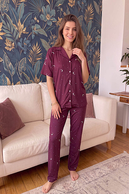 Mürdüm Moon Star Desenli Bambu Önden Düğmeli Kısa Kol Pijama Takımı - 6