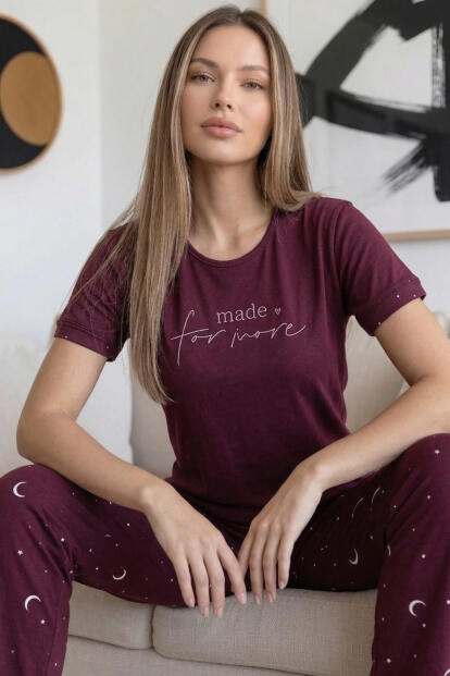 Mürdüm More Desenli Bambu Kısa Kol Kadın Pijama Takımı - 1