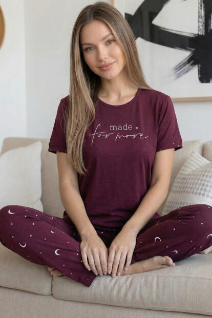 Mürdüm More Desenli Bambu Kısa Kol Kadın Pijama Takımı - 2