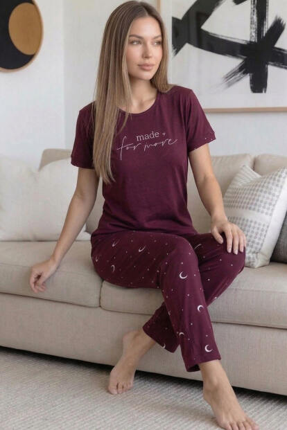 Mürdüm More Desenli Bambu Kısa Kol Kadın Pijama Takımı - 3